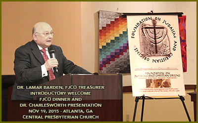 Dr. Lamar Barden, FJCO Foundation treasurer, introduces the annual member meeting and dinner, followed by Dr. Charlesworth's lecture presentation, November 19, 2015, held at the Central Presbyterian Church, Atlanta, Georgia